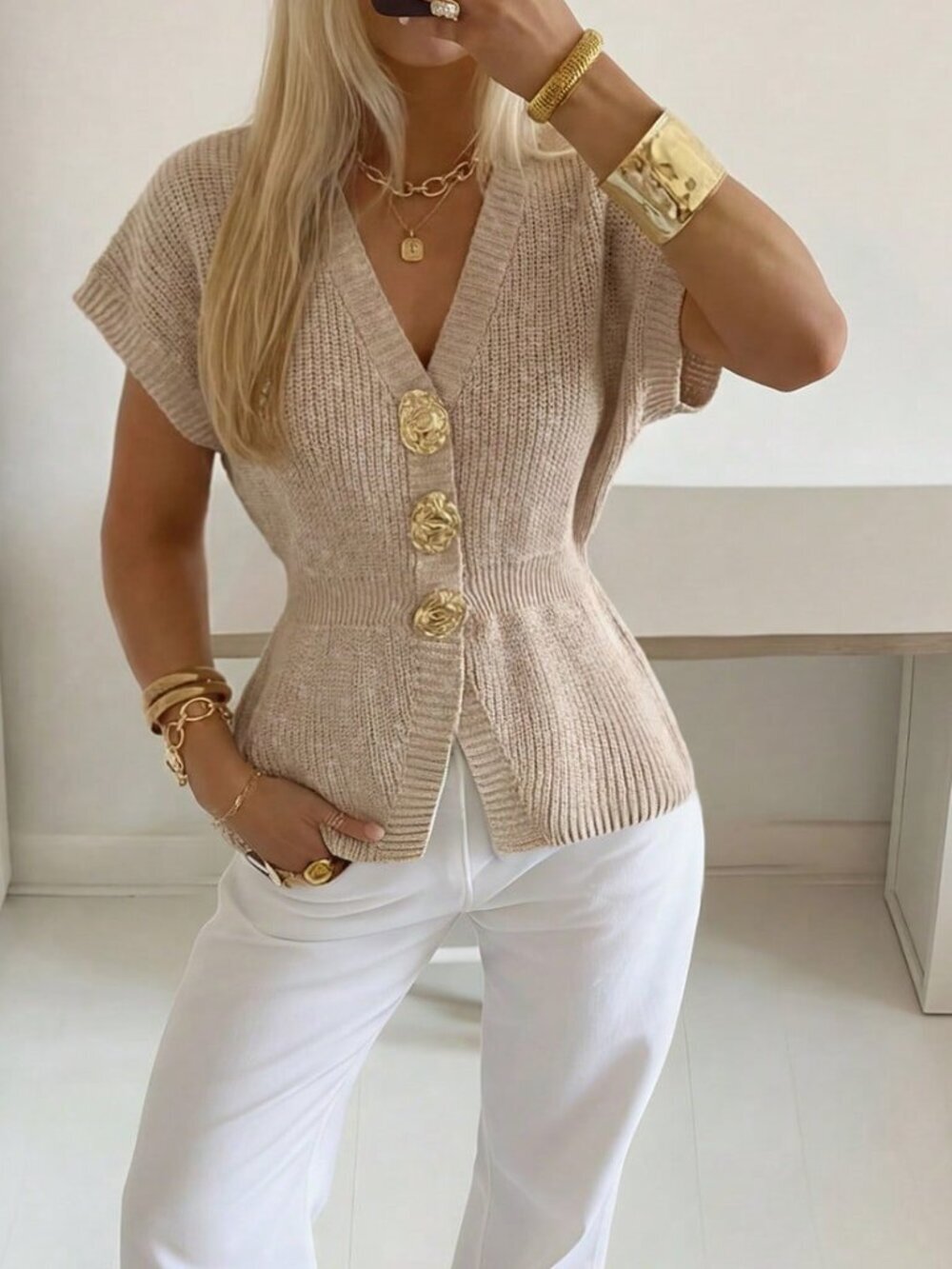Apricot Casual Women's V-Neck Short Sleeve Button Shirt - Picture 5 of 7